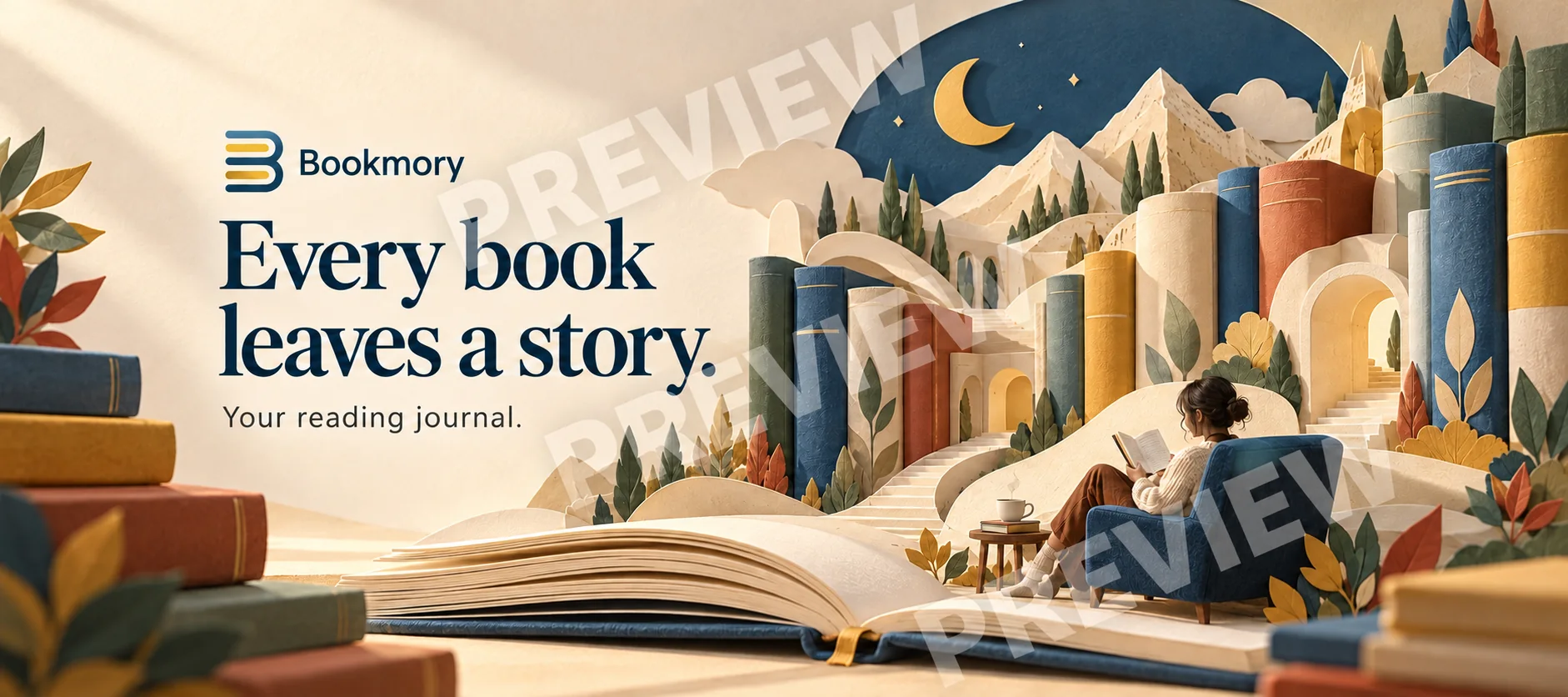 Independent Bookmory concept with a warm paper landscape and open books.