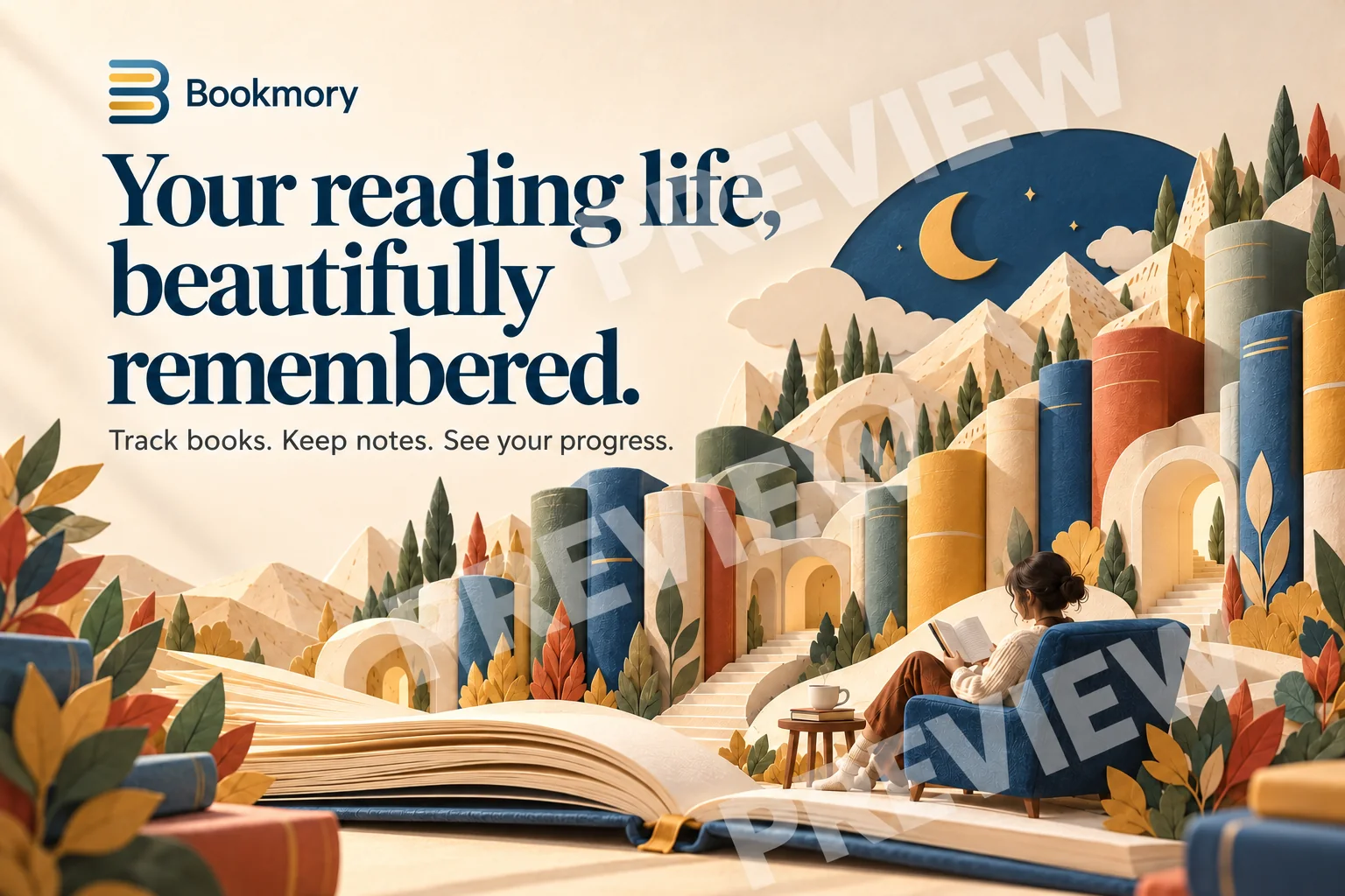 Watermarked Bookmory creative showing an open book and a warm, inviting reading scene