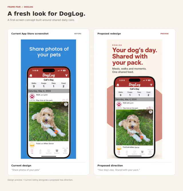 DogLog reference screenshot beside an independent proposed redesign.
