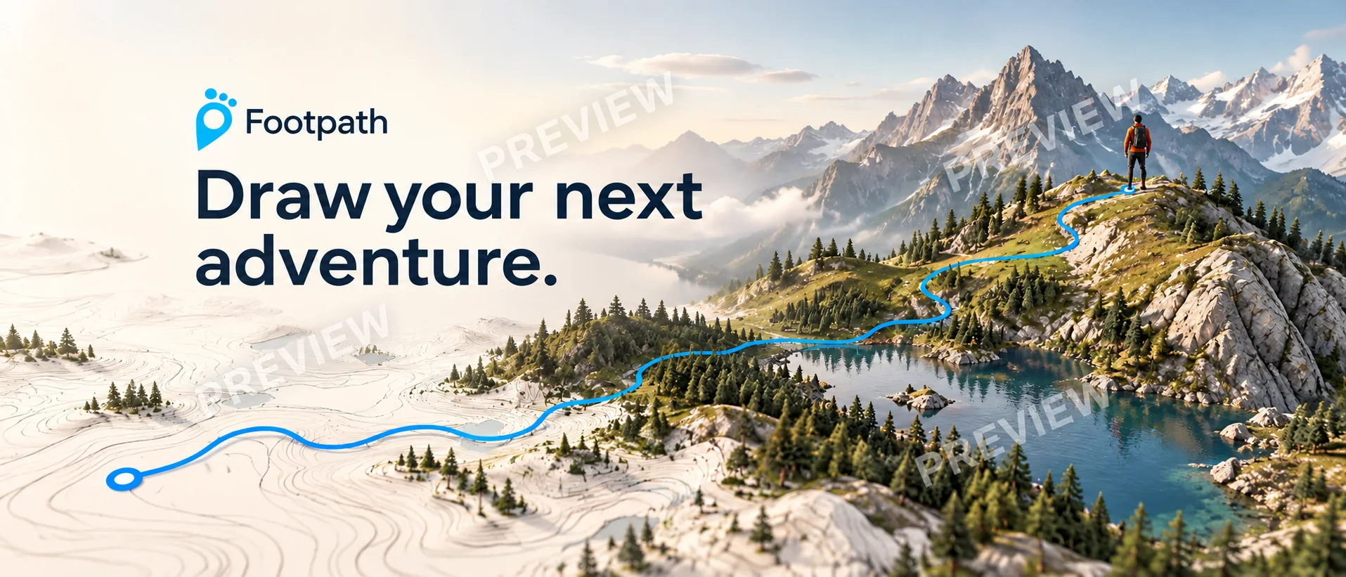 Independent Footpath artwork concept showing a blue route across a mountain landscape.